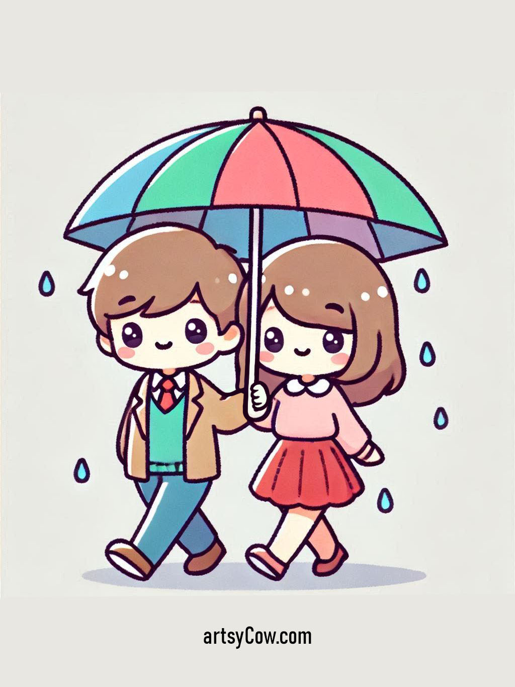 valentines drawings with couple walking under a colorful umbrella in the rain, with cute and cheerful expressions.
